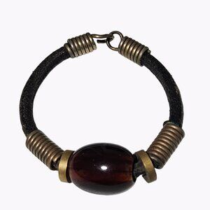 Vintage Boho Bakelite Bead Leather Metal Bracelet Brown Fashion Jewelry Women